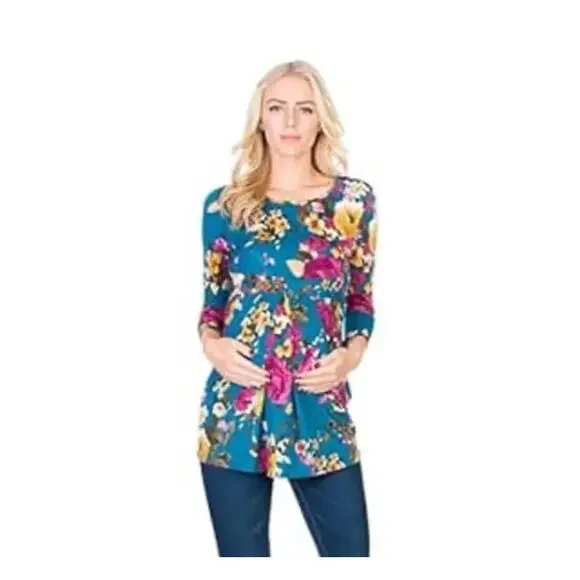 My Bump - Maternity Teal & Floral 3/4 Sleeve Pleated Top (Small)*BRAND NEW/NWT* - Picture 1 of 7
